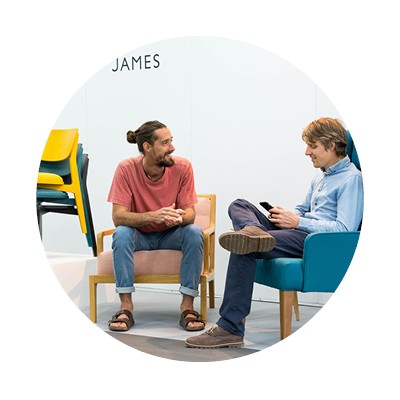 James on the James UK stand exhibiting furniture designs and talking to a buyer at the design show